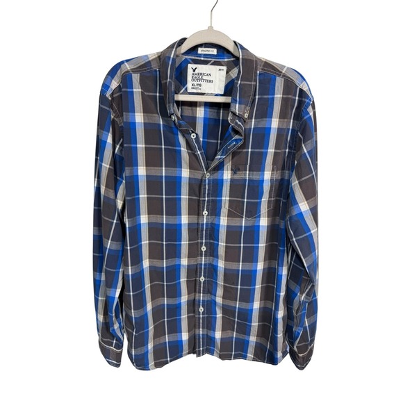 American Eagle‎ Plaid Button Down Shirt Blue Gray Athletic Fit Men's XL Cotton - Picture 1 of 7